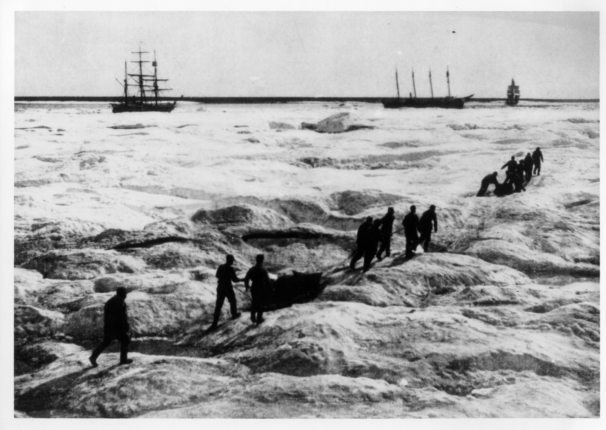 Members of the 1897 Overland Rescue Expedition approach starving whalers trapped in the Arctic ice. (U.S. Coast Guard Collection) Members of the 1897 Overland Rescue Expedition approach starving whalers trapped in the Arctic ice. (U.S. Coast Guard Collection)